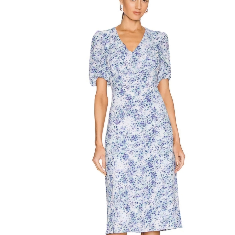 BCBGeneration Blue and White Puff Sleeve Wrap Midi Dress